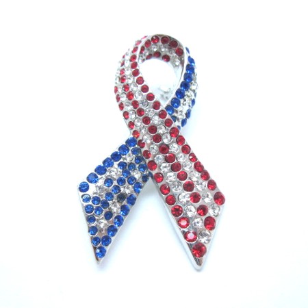 USA American Rhinestone Ribbon Pin - Red, White & Blue - Click Image to Close